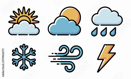 A colorful collection of essential weather forecast icons, representing various atmospheric conditions like sunny, cloudy, rainy, snowy, windy, and stormy elements for design projects