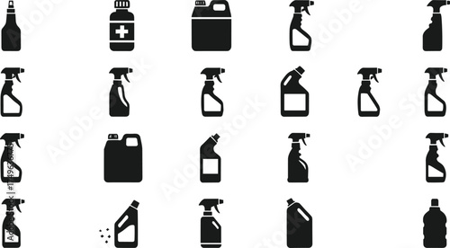 Black silhouette icons of cleaning chemical containers, spray bottles, jugs, flat vector set, cad drawing, isolated on white background