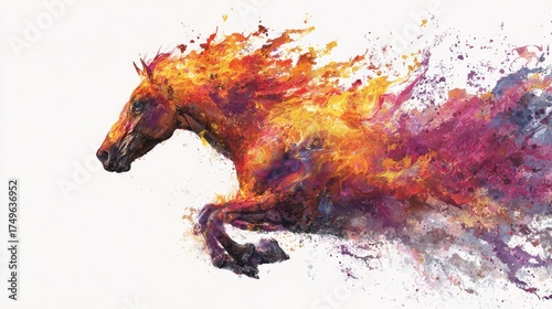 Dynamic image of a horse running forward white its body transforms into flames and splashes of colors on white background. Fire horse New Year 2026 illustration. Generative AI