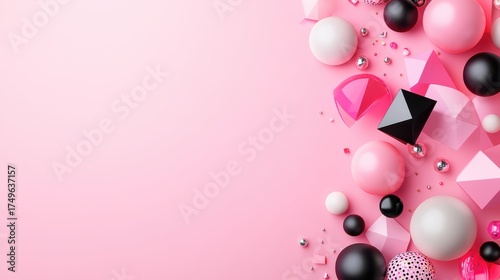 Abstract 3D Geometric Shapes in Pink, Black, and White on a Pink Background, Modern Design Element