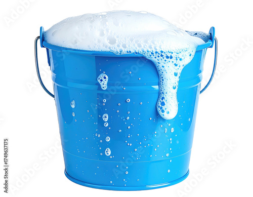 A vibrant blue bucket overflowing with suds