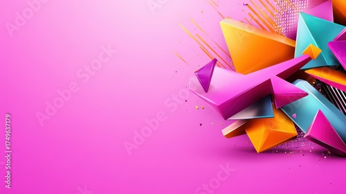 Abstract 3D Geometric Shapes in Vibrant Colors on a Pink Background, Modern Design Element