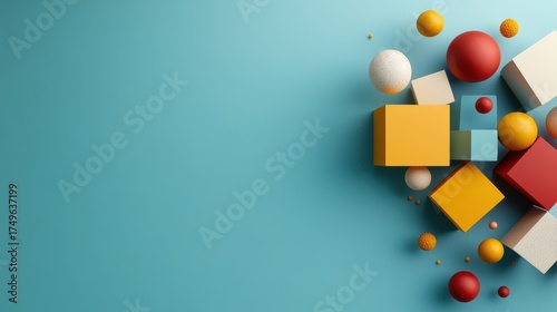 Abstract 3D Geometric Shapes in Pastel Colors on a Light Blue Background, Modern Design Element