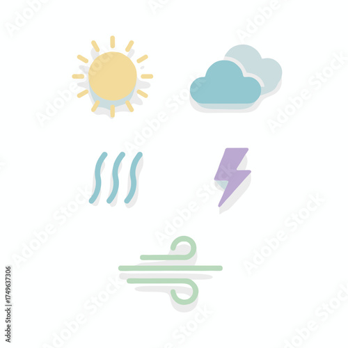 Weather Icons Sun, Clouds, Wind, and Storm Elements in a Pastel Style
