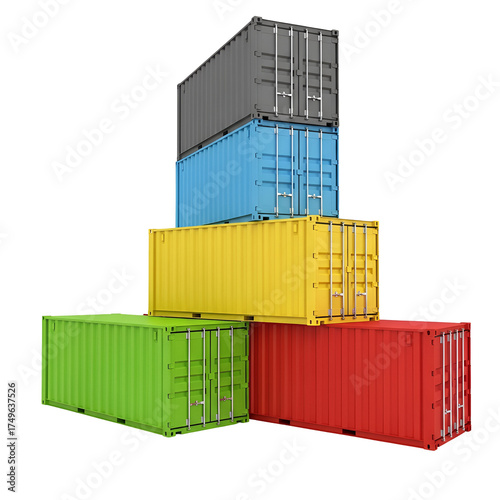 3d icon of a stack of colorful shipping containers, including red, yellow, green, blue, and gray, isolated on a transparent background