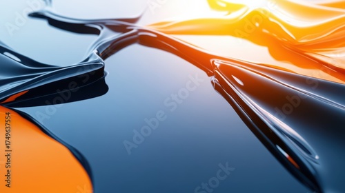 Abstract Black and Orange Liquid Surface with Light Reflection, 3D Rendered Illustration, Modern Art, Dynamic, Elegant, Smooth, Curvy, Gradient, Texture