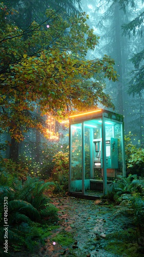 A vibrant phone booth illuminated in a mystical forest setting.