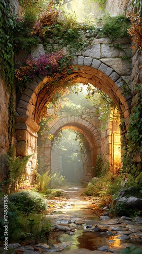 A serene, overgrown archway in a tranquil, ancient setting.