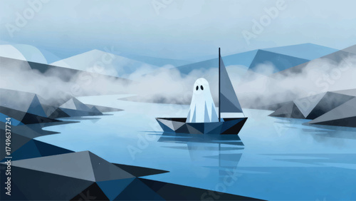 Illustration Of A Misty River With A Ghost Boat Vector Design Template