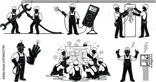 Electricians installing wiring system, electrical repair, maintenance engineers using tools, circuit testing, teamwork, safety, and professional power service illustration