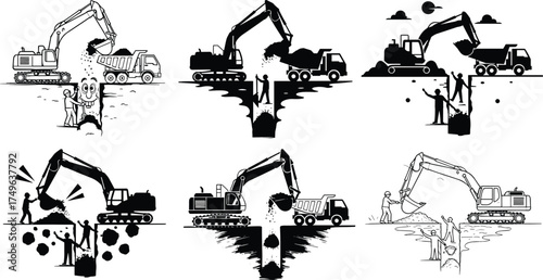 Excavator loading dump truck, construction workers at excavation site, earth moving process, industrial machinery operation, teamwork, safety, engineering illustration vector design