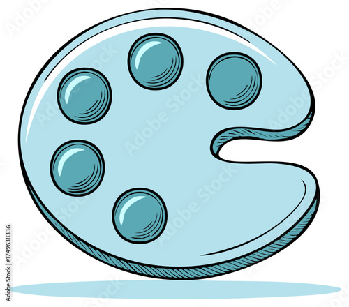 Artist's wooden palette with circular paint wells and a thumbhole, clean outline and shading