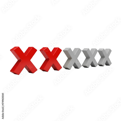 3d icon of two red crosses and four grey crosses in a row isolated on transparent background