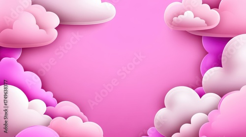 Pink Cloud Frame: Whimsical 3D Render of Soft Pink and White Clouds on a Pink Background, Perfect for Baby Showers and Girly Designs.