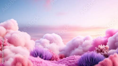 Pastel Dreamscape: Ethereal Pink and Purple Landscape with Fluffy Clouds and Surreal Plants, Evoking Fantasy and Imagination.