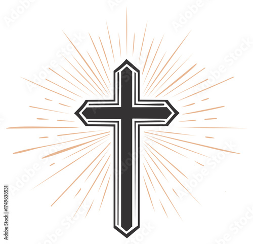Symbolic Black Christian Cross with Sunburst Rays