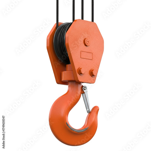 3d icon of an orange industrial crane hook with a pulley system isolated on transparent background