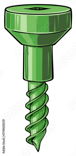 Bright green screw illustration featuring a tapered point and prominent threads for construction and fastening