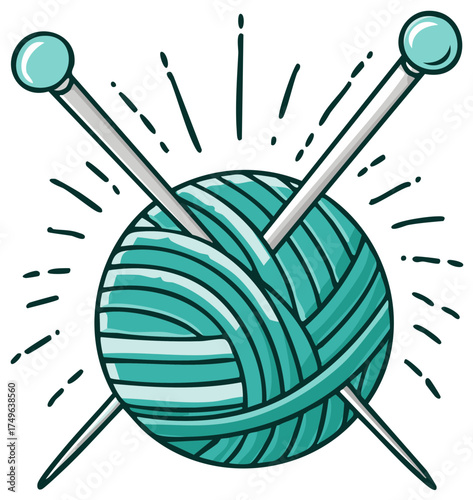 Teal Yarn Ball with Knitting Needles Craft Hobby Illustration Design
