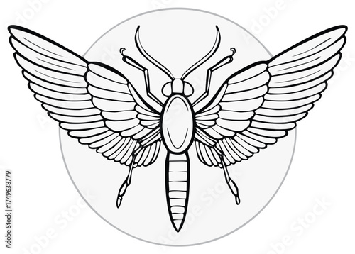 Graphic Winged Insect in Black and White Line Art Illustration with Antennae