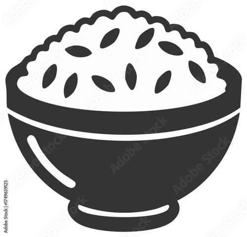 Monochromatic graphic illustration of a bowl filled with cooked white rice, a staple food item.