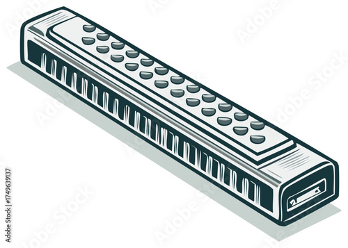 Classic harmonica musical instrument with detailed vintage style illustration