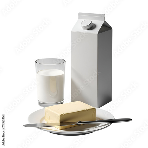 3d icon of a glass of milk, a block of butter on a plate with a knife, and a milk carton, isolated on transparent background