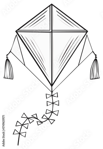 Simple outline illustration of a classic diamond-shaped kite with a decorative tail and tassels