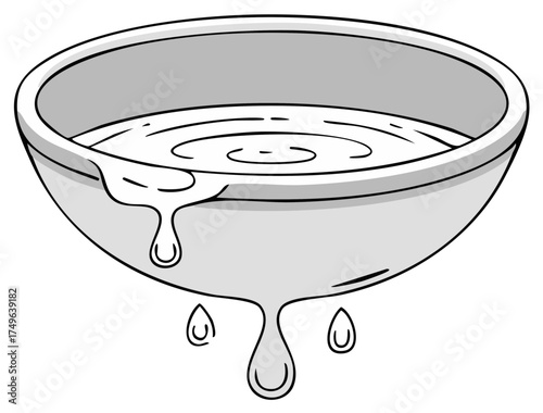 Black and white cartoon illustration of an overflowing bowl with dripping liquid