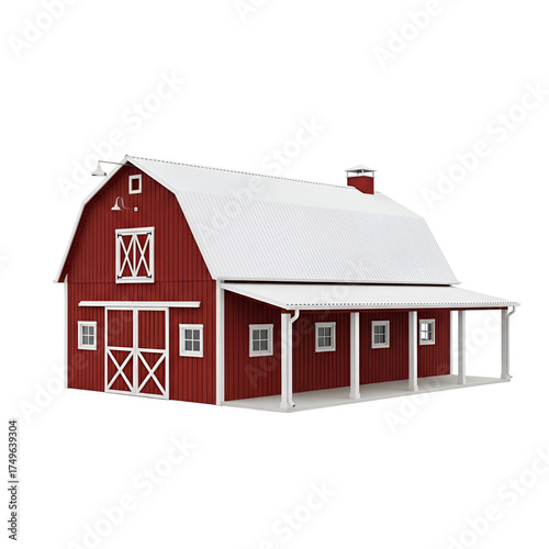 3d icon of a classic red barn with a white roof and porch isolated on transparent background