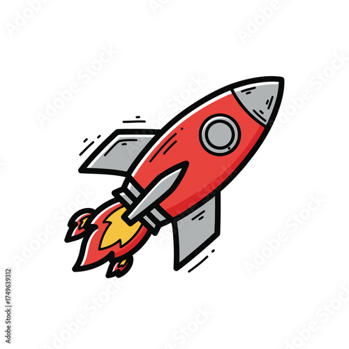 Red Cartoon Rocket Ship Launching with Fiery Exhaust, Space Exploration