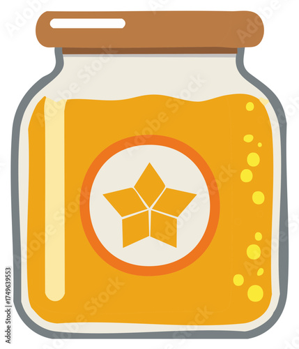 Jar of golden jam with a star design on the label, a sweet treat for breakfast