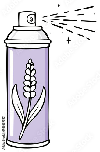 Lavender Scented Air Freshener Spray Can with Blooming Flower, Aromatherapy Product, Freshness and Fragrance Illustration