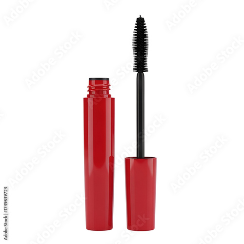 3d icon of red mascara tube and wand isolated on transparent background