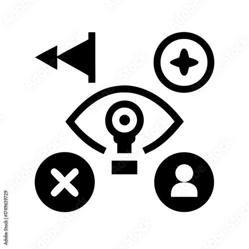 Eye, back arrow, plus, cross, and person icons