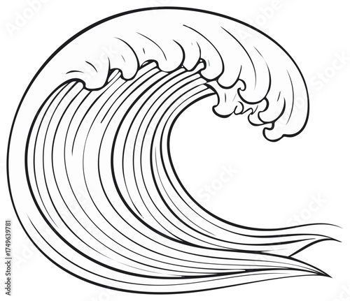 Isolated line art illustration of ocean wave, simple marine design element for background, patterns