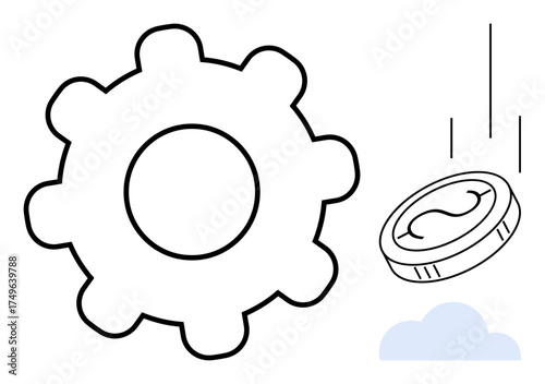 Gear and falling coin illustrate mechanisms of efficiency, investment, and financial flow. Ideal for productivity, economics, innovation, automation, business strategy, profitability progress