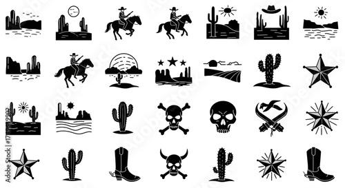 Black and white vector icons set of wild west and desert elements collection