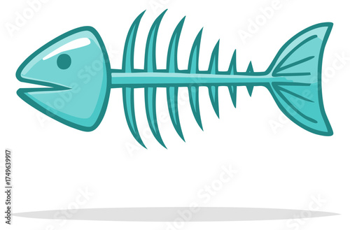 A simple cartoon illustration of a turquoise fish skeleton with a shadow