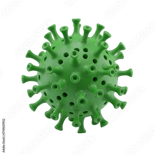 3d icon of green model of a virus with spikes, isolated on transparent background