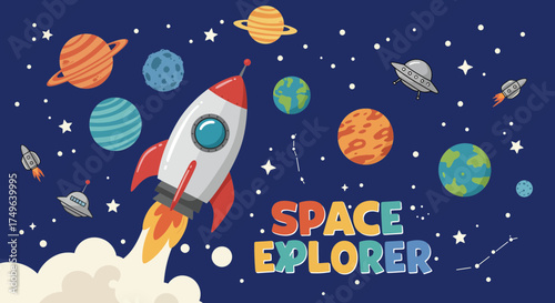 Cartoon Space Scene with Rocket, Planets, Stars, and Space Explorer Text