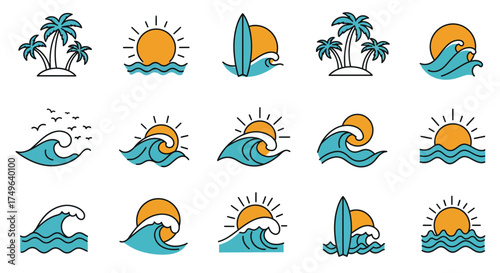 Collection of Summery Beach and Ocean Icons with Sun, Waves, and Palm Trees