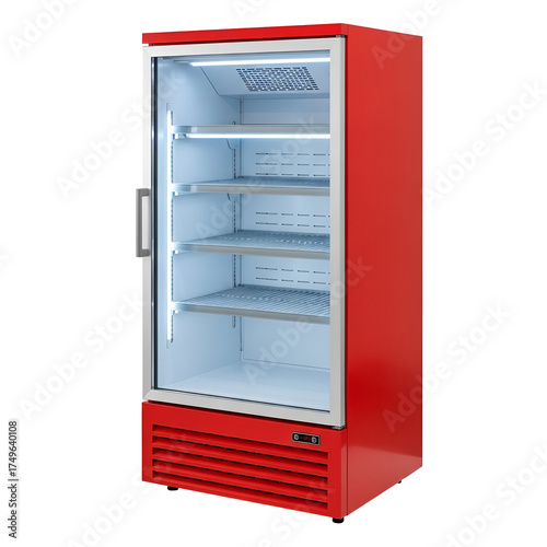 3d icon of a red commercial display refrigerator with glass door isolated on transparent background