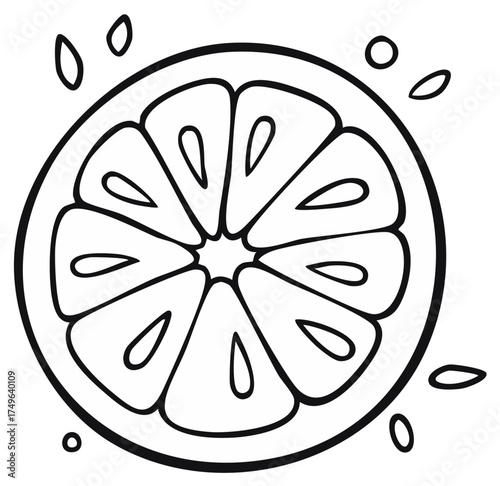 Black and white illustration of a slice of fruit