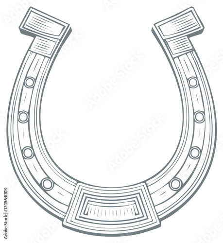 Graphic outline of a horseshoe symbol, a lucky emblem or western icon, drawn in line art style.