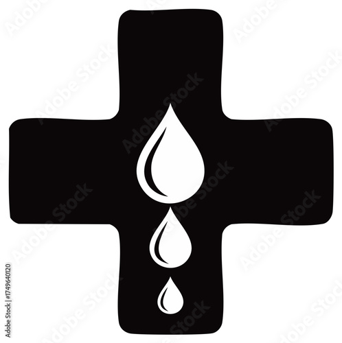 Medical Cross with Blood Drops Donation Concept in Black and White Vector Illustration
