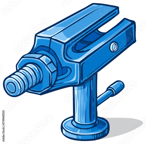 Illustration of cartoon blue bench vise machine tool workshop equipment