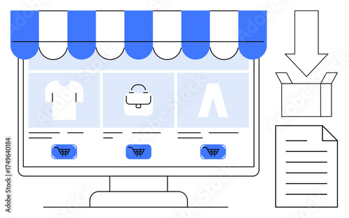 Computer screen featuring an e-commerce storefront with product categories, shopping cart icons, download arrow, box, and document. Ideal for retail, online shopping, e-commerce, order processing
