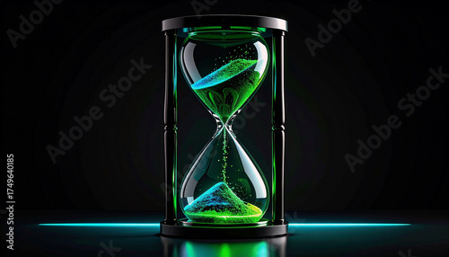 Ephemeral Passage: A mesmerizing hourglass filled with glowing sand against a dark backdrop. This image evokes themes of temporality, urgency, and the captivating flow of moments.