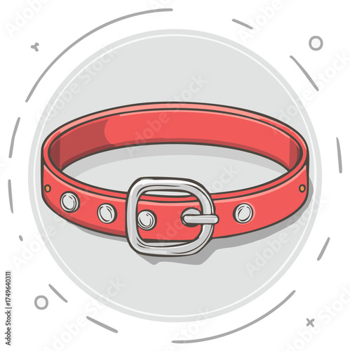 Cartoon illustration of a red pet collar with a silver buckle and studs